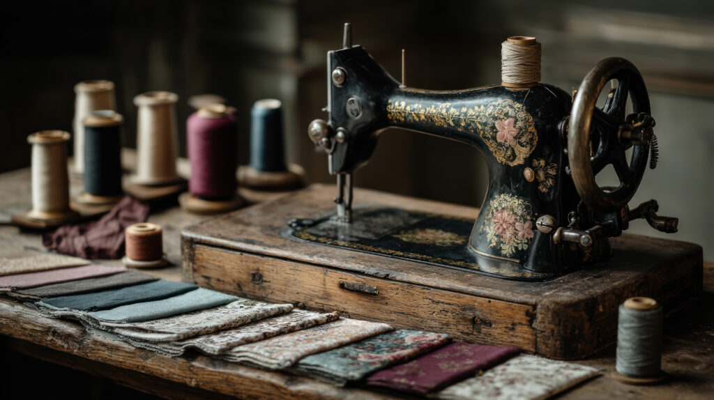 vintage sewing machine with colorful thread spools and fabric pieces on wooden table creating cozy cottagecore atmosphere